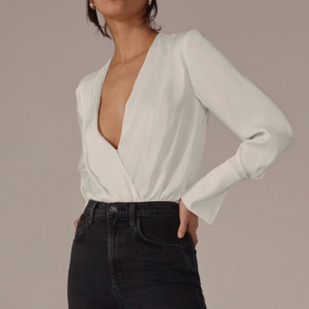 NWT Favorite Daughter The Date Blouse Satin Bodysuit White Off White - Picture 7 of 9